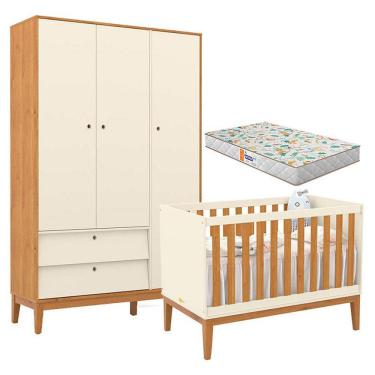 Imagem de Berço Americano e Guarda Roupa Unique 3 Portas Off White Freijó Eco Wood com Colchão Gazin - Matic