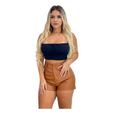 Imagem de Short Curto Cintura Alta De Tecido Feminino Com Botão