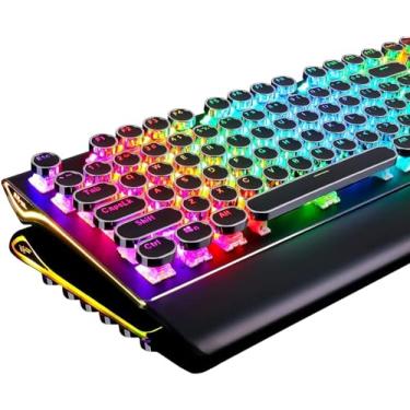 Imagem de RK ROYAL KLUDGE Teclado de máquina de escrever S108, teclado mecânico retrô para jogos com 108 teclas com luz lateral RGB retroiluminada, descanso de pulso destacável, teclas redondas e interruptores