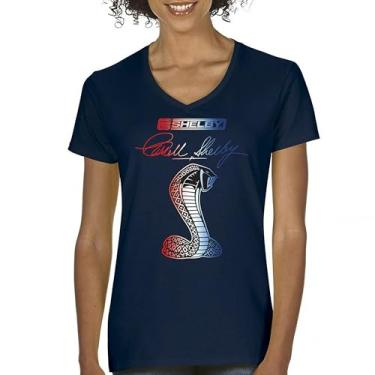 Imagem de Camiseta feminina Shelby Cobra gola V American Classic Muscle Car Mustang GT500 GT350 Racing Performance Powered by Ford Tee, Azul marinho, XXG