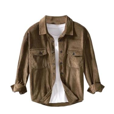 Imagem de WOLONG Camisa masculina de veludo cotelê folgada, manga comprida, gola virada para baixo, camisa social casual, 1295 cáqui, P