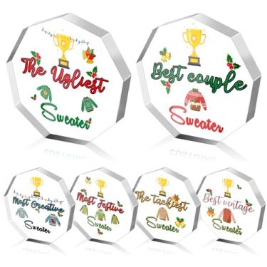 Imagem de Huquary 6 peças suéter feio de Natal Prêmio Troféu de Acrílico Troféu Festa de Natal Troféus Suéter Feio Lembranças de Jogo de Festa para Adultos Concurso de Fantasia de Natal Medalhas para Adultos Crianças Concurso Festa