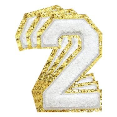 Imagem de 3 Pçs Remendos de Número de Chenille Remendos Dourados Glitter Ferro em Remendos de Letras Varsity Remendos Bordados de Chenille Remendos Costurados para Roupas Chapéu Bolsas Jaquetas Camisa (Ouro, 2)