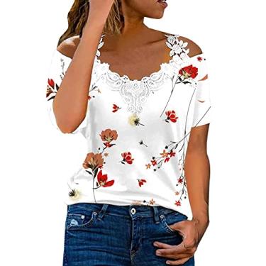 Imagem de Lainuyoah Camisetas femininas gola V com acabamento em renda e manga curta, estampa floral, casual, boêmio, verão, Vermelho, XXG