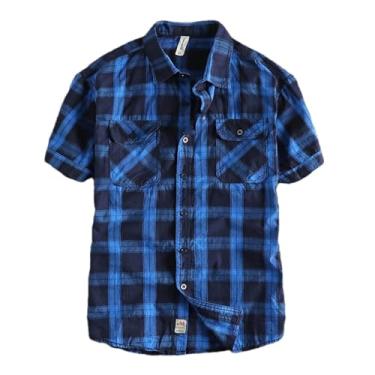 Imagem de Camisa masculina clássica de verão vintage manga curta confortável xadrez casual, Azul, M