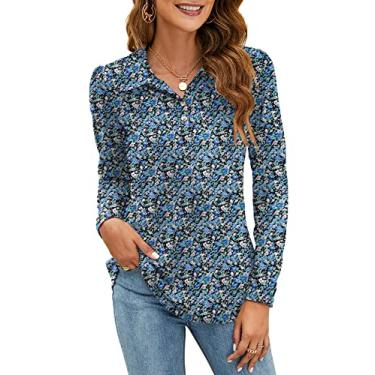 Imagem de LOMON Camisas polo femininas gola com botões e mangas curtas e decote em V blusas soltas, Z - preto floral, X-Large