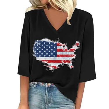 Imagem de Camiseta feminina patriótica 4th of July com bandeira americana Dia da Independência, manga 3/4, gola V, túnica estampada vintage, Preto, P