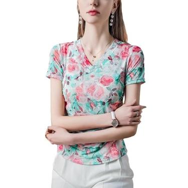 Imagem de Yueary Camisetas femininas de manga curta de malha retrô gola V slim fit linda estampa rosa camiseta túnica básica elástica, Multicolorido, P