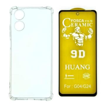 Imagem de Capa Capinha Anti Impacto Queda Choque + Película de Ceramica Fosca 9d, silicone transparente clear com bordas reforçadas e flexível com efeito cristal Compátivel com Moto G04 G04s