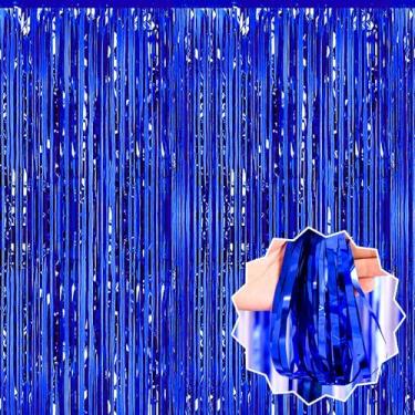 Imagem de Pacote com 3 cortinas de fundo de franja de alumínio azul de 8,28 x 2,5 m, decorações de festa, cortinas metálicas para cabine de fotos, Halloween, Natal, aniversário, celebração, evento, decoração de