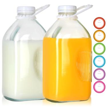 Imagem de CAKKVDE Garrafas de leite de vidro de 1,8 l com tampas de parafuso herméticas, pacote com 2 garrafas de suco de 2 litros, garrafas de água de vidro de 1/2 galão, jarra de vidro para frascos de leite