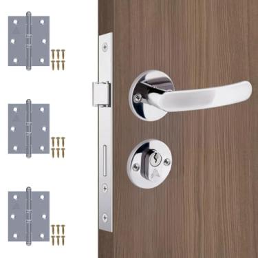 Imagem de Fechadura Para Porta Externa Perfil Redondo Aço Inox Polido Cromado + Dobradiças Aço Zincado Pino Bola