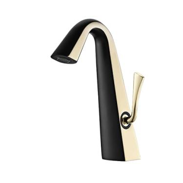 Imagem de Torneira de banheiro de latão dourado escovado de luxo, design simples, 1 furo, alça única, torneira de pia de controle duplo quente e frio, ouro preto