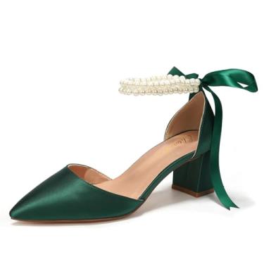 Imagem de Elivandon J1585 Sandália Feminina de Cetim Bico Fino Salto Médio 6cm Bloco Dupla Tira Pérola Noiva Festa Casamento Cor Verde Escuro,Tamanho BR 39/EU 41