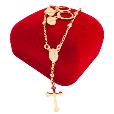 Imagem de Kit Conjunto Colar Terço E Brinco Rosário Medalha Milagrosa Banhado a 