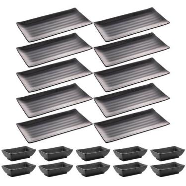 Imagem de Kit Comida Japonesa 10 Pratos Sushi e 10 Molheiras Shoyu Melamina Tóqu