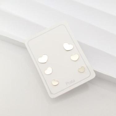 Imagem de Kit Trio Brinco 3 Pares em Prata 925 Legítima Coração AntiAlérgico Inf