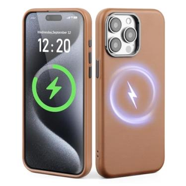 Imagem de SkyEagle Capa de telefone para iPhone 15 Pro Max, compatível com Magsafe e carregamento sem fio, bisel de câmera de metal, fina, antiderrapante, luxuosa, capa protetora de couro PU adequada para Apple