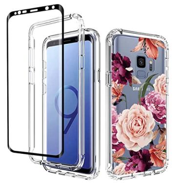 Imagem de Bohefo Capa para Galaxy S9, capa para Samsung S9 SM-G960U com protetor de tela de vidro temperado, capa protetora para celular à prova de choque floral fofa de corpo inteiro para Samsung Galaxy S9