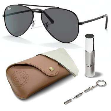 Imagem de Ray-Ban RB3625 Óculos de sol aviador piloto com kit de óculos – protetores de nariz ajustáveis – Óculos de sol retrô, Armação preta polida | Lente cinza escuro, 62 mm