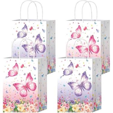 Imagem de HongXingHai 16 peças de lembrancinhas de festa de borboleta, sacos de brindes, rosa, roxo, flores, doces, pequenos sacos de papel florais com alças para festa de aniversário infantil (borboletas, 16)