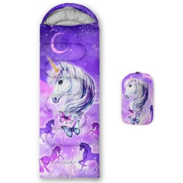 Imagem de CVHOUSE Sacos de dormir de unicórnio roxo, 3 estações, clima quente e frio, leve, sacos de dormir à prova d'água para adultos e crianças, viagens e ao ar livre, equipamentos de acampamento, 78 x 228