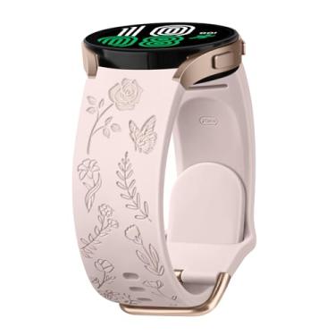 Imagem de AK Pulseira com gravação floral para Samsung Galaxy Watch 6 de 40 mm e 44 mm/Galaxy Watch 6 Classic de 43 mm e 47 mm, de silicone macio de 20 mm, pulseira de substituição ajustável para Galaxy Watch 6