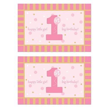 Imagem de Beistle Tapete para cadeira alta de 1º aniversário de menina de plástico de 2 peças para piso, 76 cm x 116 cm, rosa/dourado/branco