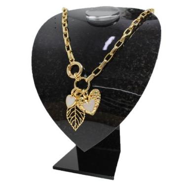 Imagem de Colar Elos Feminino Corações Pedras Folha Banho Ouro 18k - GRANADO ACE