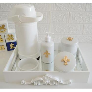 Imagem de Kit Higiene Bebê K028 Porcelanas Térmica Banho Cuidado Quarto Dourado 