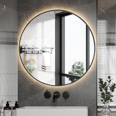 Imagem de Espelho redondo com moldura preta iluminado com led quente 80cm - Wood