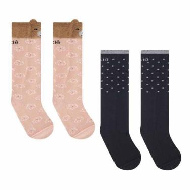Imagem de Meia Infantil Menina 2 Pares 3/4 Urso E Bolinhas Kukiê, M