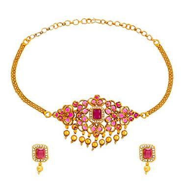 Imagem de Bodha Conjunto de colar tradicional indiano feito à mão antigo banhado a ouro tradicional Kundan, CZ, gargantilha cravejada com brinco combinando para mulheres (SJN_145_P), Latão, Zircônia cúbica