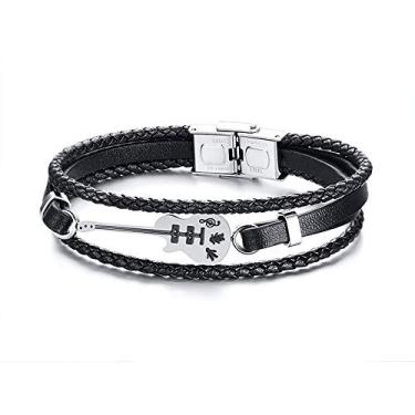 Imagem de Rockyu Pulseira masculina de couro genuíno e aço inoxidável, multicamadas, preta, 21 cm de comprimento, joia moderna para uso diário, ワンサイズ, Couro