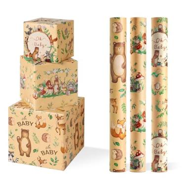 Imagem de WERNNSAI Rolos de papel de embrulho Kraft para chá de bebê – 3 rolos curtos de 43 cm x 3 m, papel de embrulho de aniversário alegre para presente Hello Baby e Woodland Animals Design para lembrancinha