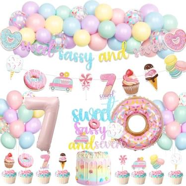 Imagem de Hombae Sweet Sassy And Seven Birthday Decorations, 7th Birthday Decorations for Girls, Donut Birthday Party Supplies with Banner Cake Toppers Foil Balloon for 7 Year Old Sweet Party