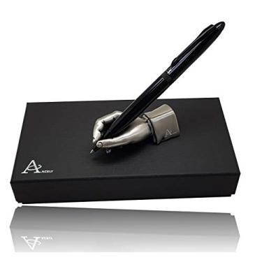 Imagem de Caneta esferográfica preta brilhante executiva ACELY com suporte de caneta em formato de mão de arte de metal para decoração de suporte de caneta organizadora de mesa - conjunto de caneta e suporte, Prata