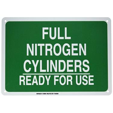 Imagem de Brady 125695 Placa química e de perigo, legenda "Cilindros de nitrogênio completos prontos para uso", 25,4 cm de altura, 35,5 cm de largura, branco sobre verde