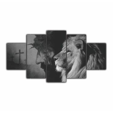 Imagem de Quadros Sala Leão Judá E Jesus + Cruz Religioso Preto/Branco