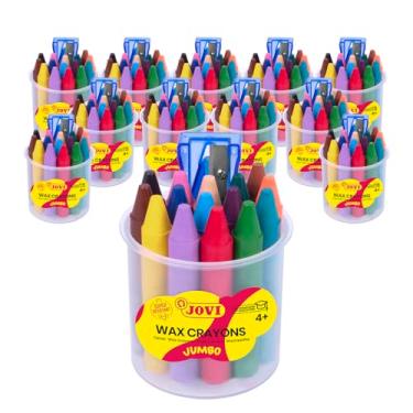 Imagem de Jovi - Conjunto de giz de cera jumbo, conjunto de giz de cera a granel, 12 copos de plástico com 16 giz de cera + 1 apontador cada, formato redondo, total de 192 quilates, material escolar para