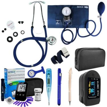 Imagem de Kit Enfermagem Completo Estetoscópio Esfigmomanômetro Oximetro Glicose