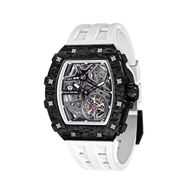 Imagem de TSAR BOMBA Relógio automático masculino Tonneau relógios de esqueleto de luxo para homens 50 m à prova d'água analógico Wrok relógios masculinos exclusivos prata legal quadrado grande relógio de pulso pulseira de silicone, CF Branco, Relógio Automático