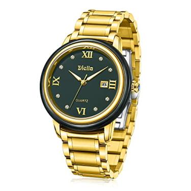 Imagem de Diella Relógios masculinos luxuosos com movimento de quartzo japonês, caixa de jade escuro, pulseira de aço inoxidável dourado e prata, relógios de pulso analógicos masculinos luminosos à prova d'água
