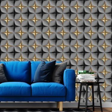 Imagem de Papel Parede 3D Preto Cinza Dourado Geometrico Autocolante