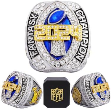 Imagem de noblehead Anel Fantasy Football 2024 | Anel campeão FFL pesado | Troféu de prêmio banhado a ouro prateado para vencedor da liga de futebol de fantasia, size 12, Metal, Diamante branco