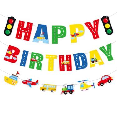 Imagem de Faixa de transporte Happy Birthday para carro, ônibus, avião, avião, helicóptero, semáforo, foto, guirlanda para crianças, tema de transporte, decoração de festa de aniversário, suprimentos para chá de bebê