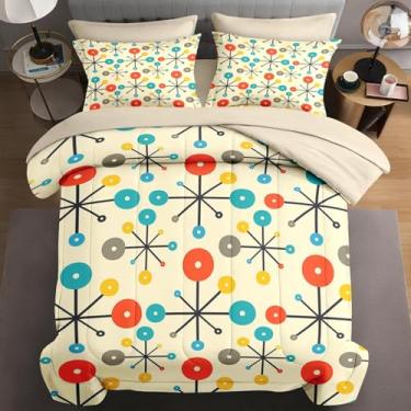 Imagem de WeCozy Conjunto de edredom casal de 7 peças, 2 fronhas e 2 fronhas, retrô de meados do século, para crianças e adultos, cama geométrica vintage dos anos 50 em uma bolsa com lençol de cima
