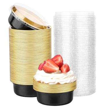 Imagem de Beasea Ramequins descartáveis com tampas, pacote com 100, 250 ml, 260 ml, copos redondos de folha de alumínio de 10 cm, mini copos descartáveis de pudim de cupcake para festa - ouro preto