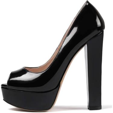Imagem de Mettesally sapato feminino peep toe plataforma salto grosso sem cadarço vestido de festa para noite, Preto, 9