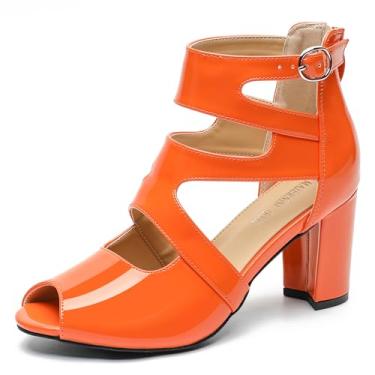 Imagem de MAIERNISI JESSI Sandália feminina gladiadora peep toe salto grosso vazado com zíper, Patente laranja, 39